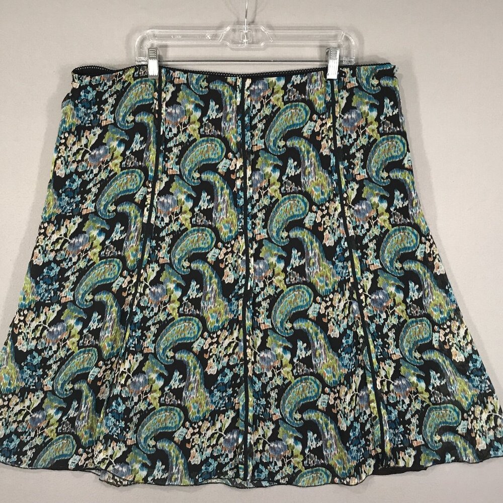 Notations Skirt Women's 2X Green Black Paisley Pull On Zip Up Mini Flare Pleated